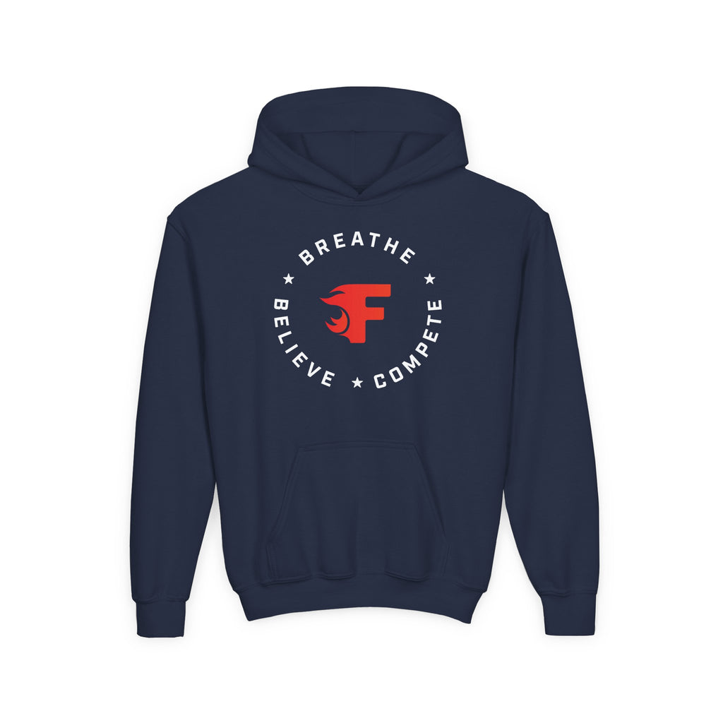 Youth Hoodie — "Breathe Believe Compete" Athletic Logo Pullover