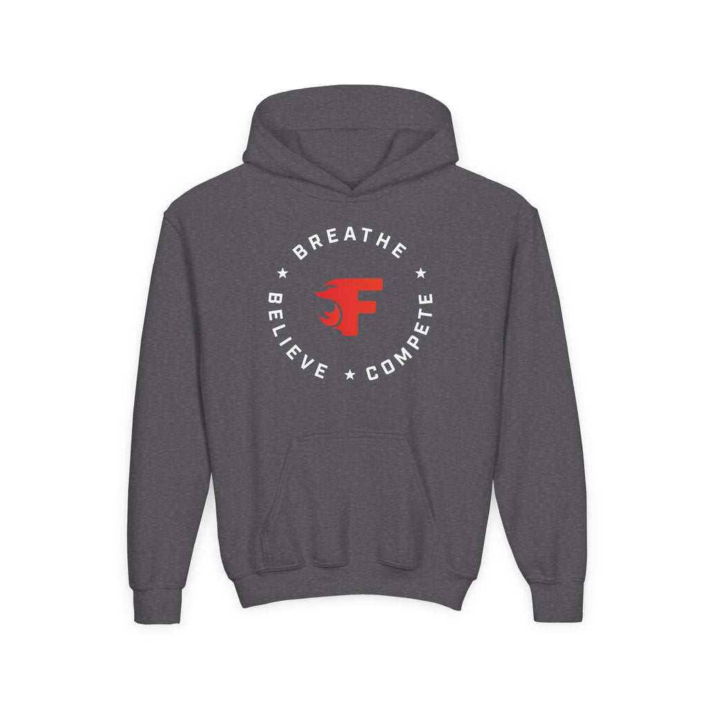 Youth Hoodie — "Breathe Believe Compete" Athletic Logo Pullover