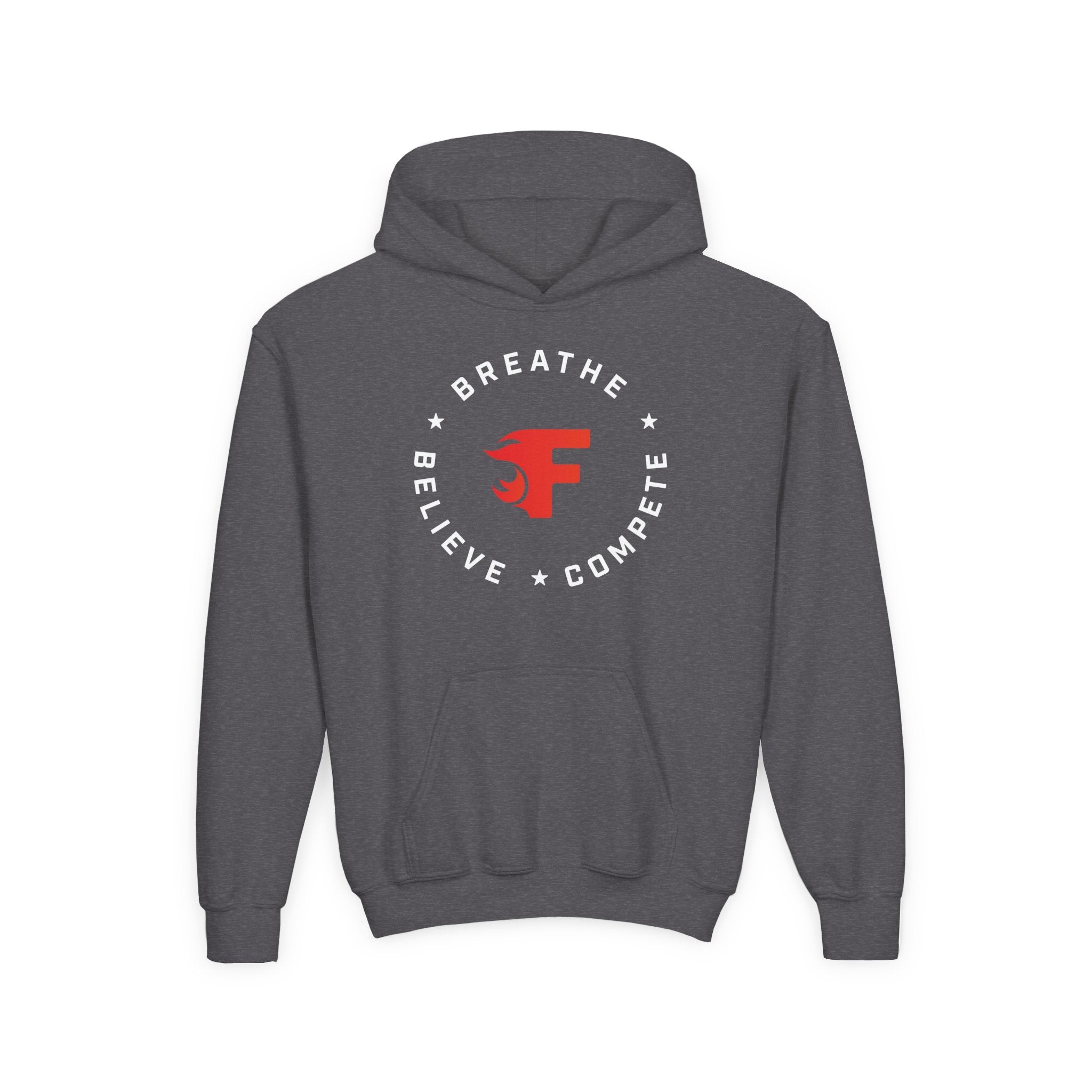 Youth Hoodie — "Breathe Believe Compete" Athletic Logo Pullover