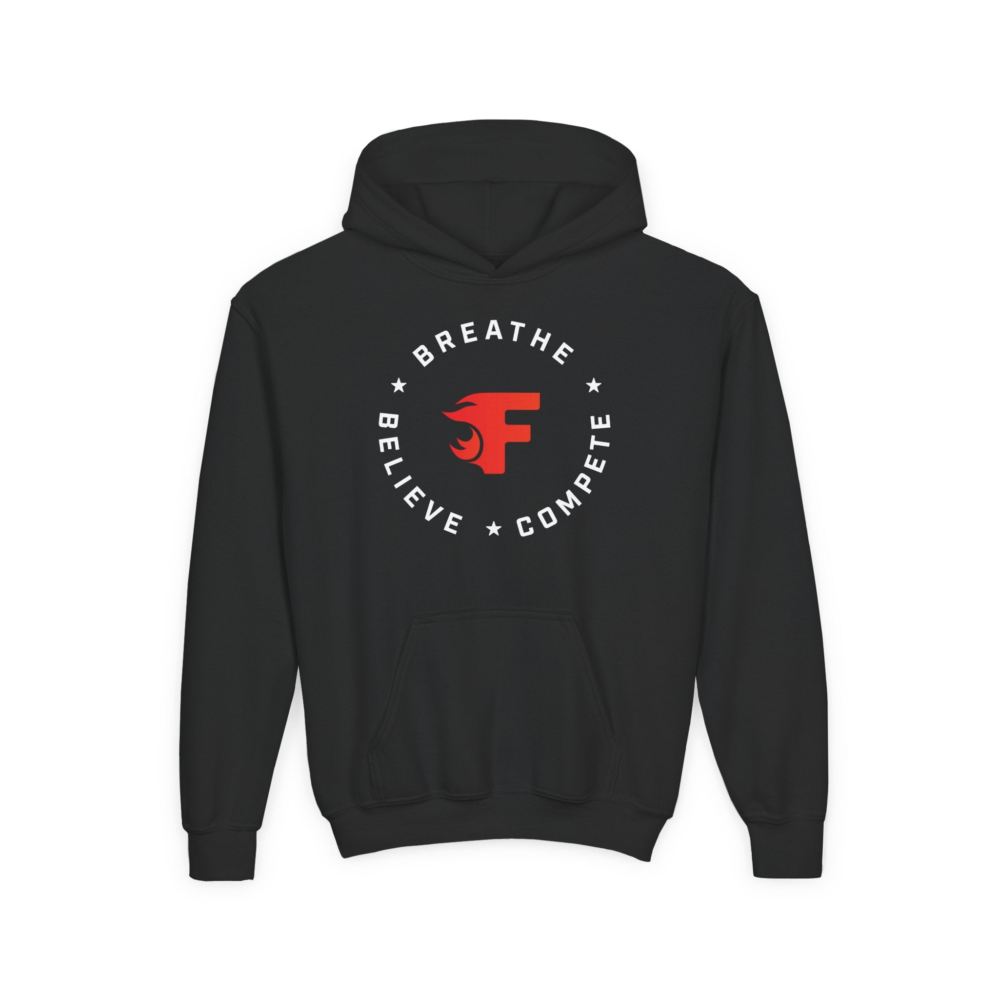 Youth Hoodie — "Breathe Believe Compete" Athletic Logo Pullover